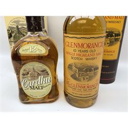 Mixed alcohol to include Glenmorangie 10 years old single Scotch whisky, Cardhu 12 year old Malt whisky, Ferdinand Pieroth 1949 Gau-Odernheimer Petersberg Beerenauslese, etc various contents and proofs