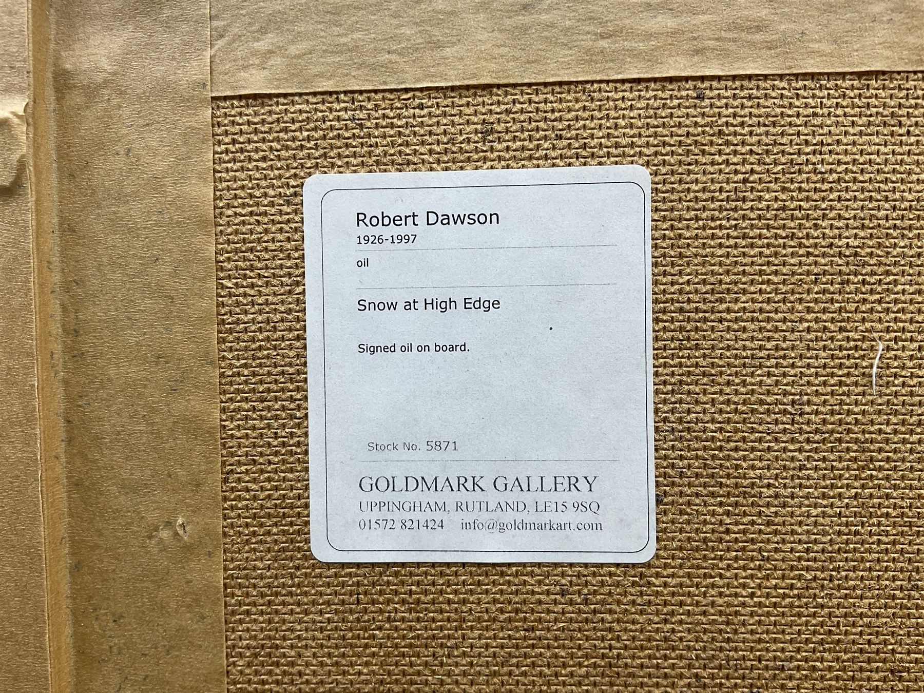 Robert Dawson (British 1926-1997): 'Snow at High Edge', oil on board signed with initials, titled on gallery label verso 67cm x 90cm 
Provenance: with the Goldmark Gallery, Uppingham, label verso