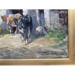 George Smith (Scottish 1870-1934): Cattle and Sheepdog in the Farmyard, oil on board signed 29cm x 39cm