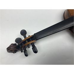 Late 19th century German trade violin c1890 with 36cm two-piece birds-eye maple back, neck and ribs and spruce top; bears label 'Manufactured in Berlin Special Copy of Nicolaus Amati' L59.5cm; in carrying case