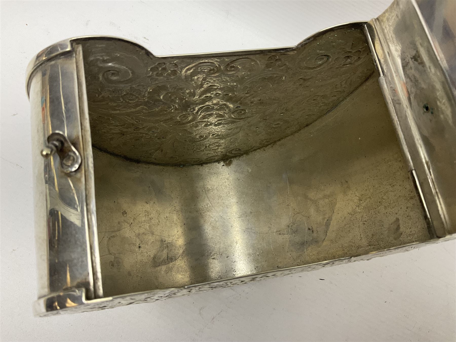 Silver plated, tea caddy, in the form of a heart, with repousse decoration, presented to H Whitcombe, H20cm