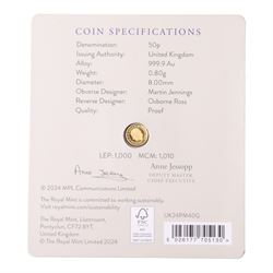 The Royal Mint United Kingdom 2024 'Paul McCartney' 1/40 ounce fine gold proof fifty pence coin, on card