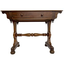 Victorian design mahogany side table, fitted with single drawer, raised on shaped end supports with bun feet, united by turned stretcher