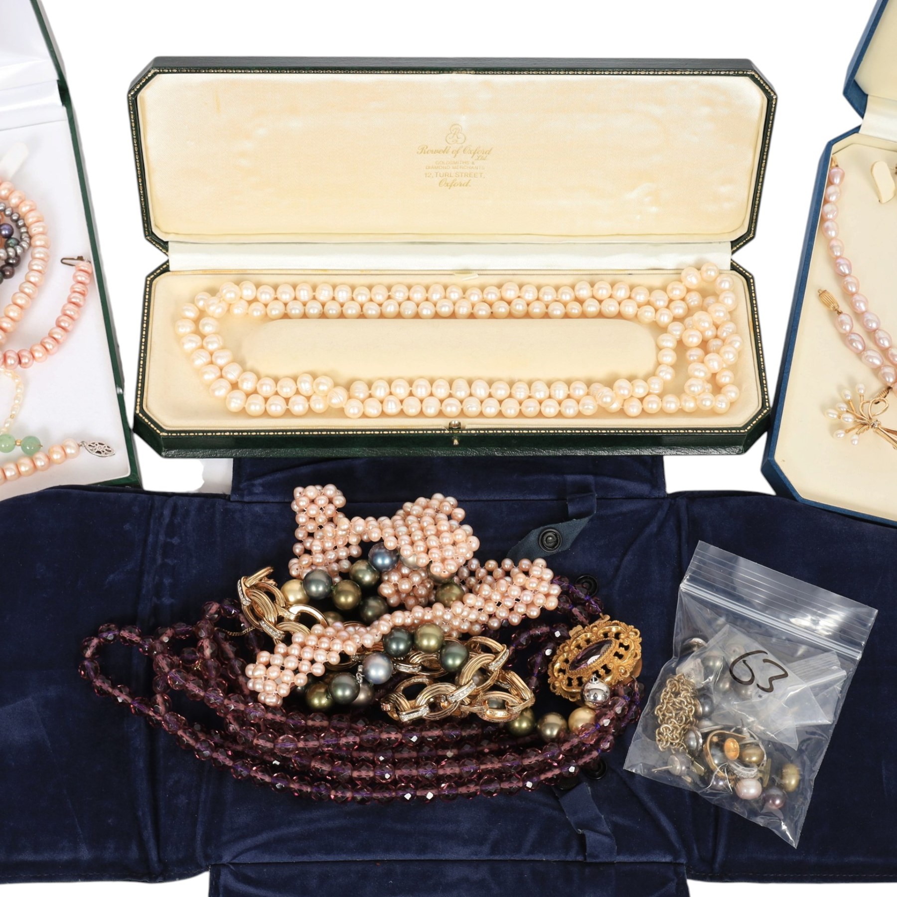 9ct gold pearl jewellery including two strands of pearl necklaces,pair of  stud earrings and a pendant, collection of silver pearl jewellery including earrings, brooch and pendant and a collection of costume jewellery