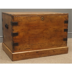  Late 19th century pine chest, hinged lid, metal bracket supports, plinth base, W79cm, H56cm, D58cm  