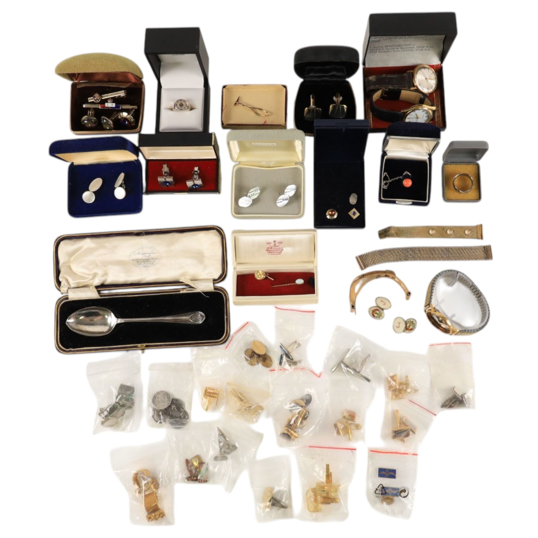 9ct gold shirt stud and opal stick pin, Sif Jakobs silver ring, silver spoon and a collection of costume jewellery cufflinks, tie clips etc