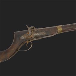 Middle Eastern percussion cap rifle, the 107cm  barrel with four brass bands and ramrod under, overall L143cm, together with another percussion rifle the 106cm barrel a copy of a 17th century Spanish barrel, complete with fake stamp, by vendors repute this rifle was confiscated from tribesmen in Kurdistan by police
Sold as an exempt item under Section 58 (2) of the 1968 Firearms Act, to be held as a curiosity or ornament
