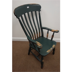  19th century kitchen farmhouse armchair, finished in traditional bottle green, turned supports joined by stretchers, W60cm  