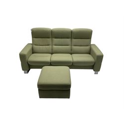 Ekornes Stressless - three seat reclining sofa upholstered in pale green fabric (198cm x 82cm x 100cm), Ekornes Stressless - matching two seat reclining sofa (144cm x 82cm x 100cm), Ekornes Stressless - storage ottoman with hinged seat upholstered in pale green fabric (60cm x 60cm x 42cm)