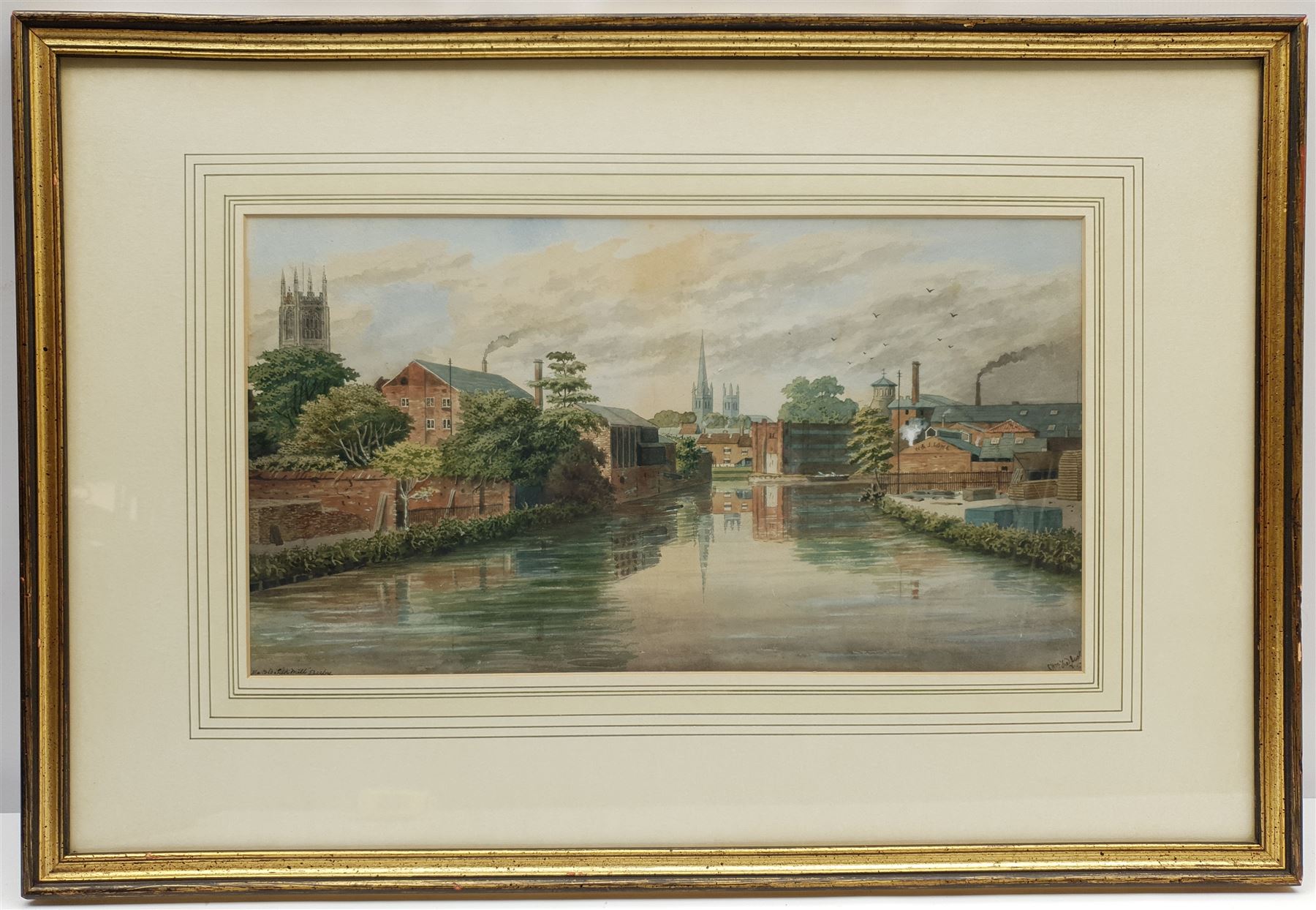 William Frederick Austin (British 1833-1899): 'The Old Silk Mill Derby' from the River Derwent, watercolour signed titled and indistinctly dated 22cm x 40cm