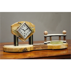  Art Deco marble mantel clock, silvered diamond Arabic dial set on green marble lozenge, curved balustrade with spherical finials, nine varied marble types,    