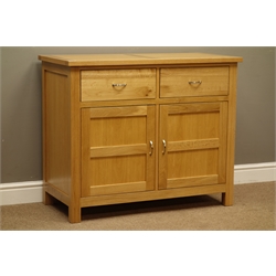  Light oak sideboard, two drawers and two cupboards, W101cm, H83cm, D48cm  