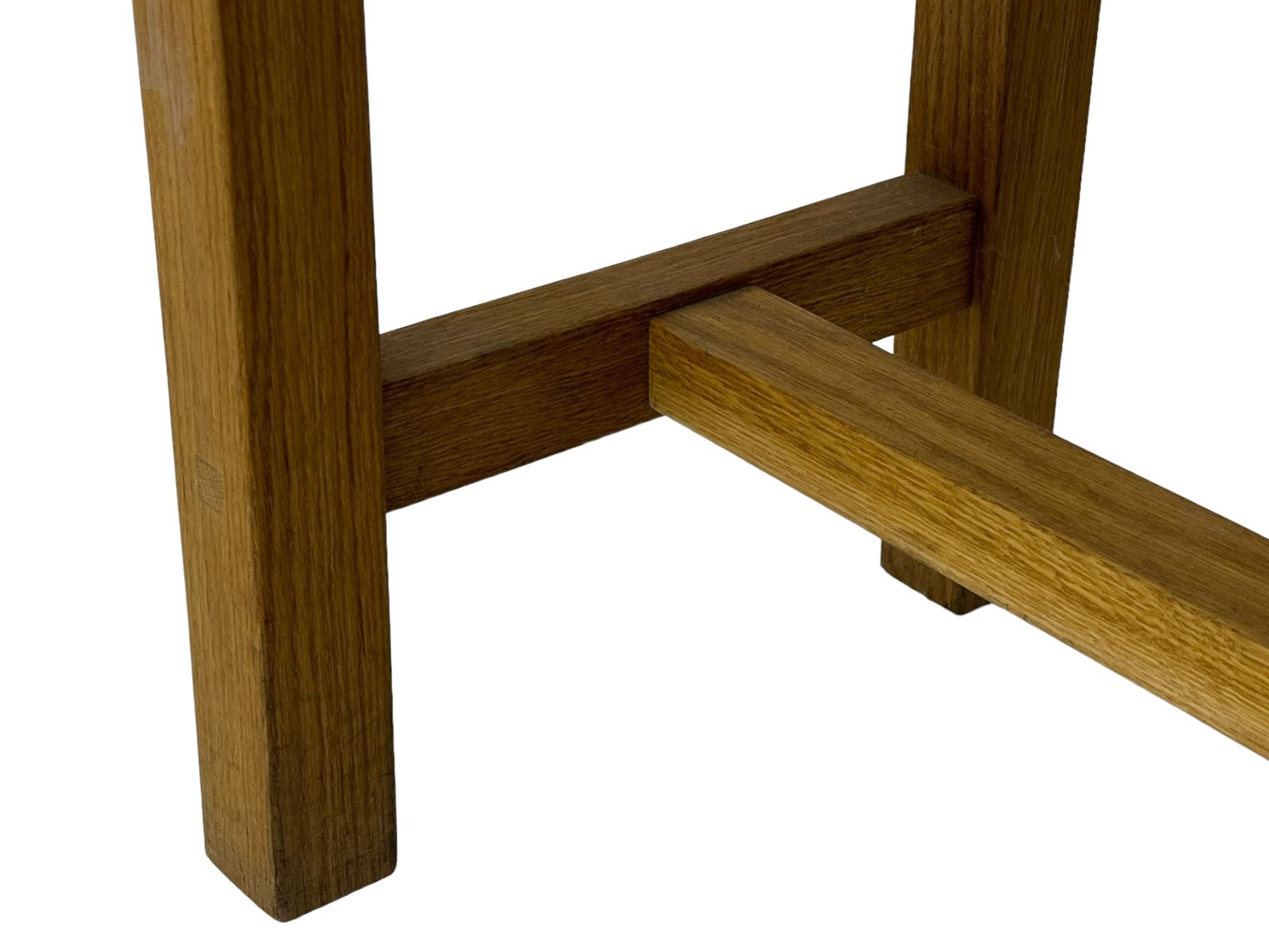 Laura Ashley - contemporary Milton oak console table, rectangular top over two drawers with pewter effect bow handles, on square legs supported by stretcher 