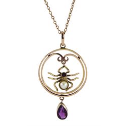 Early 20th century 9ct rose gold suspended amethyst and split pearl spider, within a circular pendant with an amethyst drop, Chester 1921, on gold chain stamped 9ct