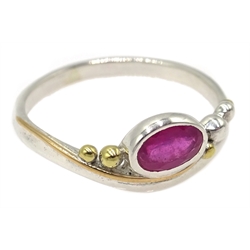  Silver and 14ct gold ruby ring, stamped 925  