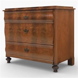 Late Victorian walnut and burr walnut chest of drawers, moulded top with rounded corners, finely figured burr walnut drawer fronts arranged as three long drawers, brass batwing handle plates, the lower section raised on turned bun feet
