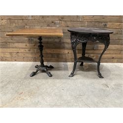 19th century cast iron Coalbrookdale design table with circular top (D66cm, H74cm) and a cast iron pedestal table with square top (W69cm, D70cm, H72cm)