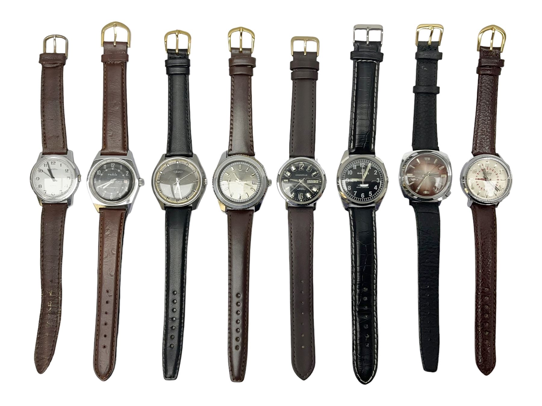 Eight manual wind wristwatches including Lonstar Exective, Ruhla, Josmar alarm, Seiko, Caravelle, Genova De Luxe, Sandoz and Gradus