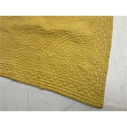 Early 20th century Welsh whole cloth sky blue quilt, in traditional quilting patterns, supported on yellow coloured backing, 174cm x 204cm