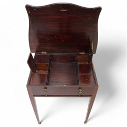 Edwardian mahogany sewing or work table, of shaped form, moulded hinged lid enclosing lidded compartments, fitted with slide, on square tapering supports with brass and ceramic castors 