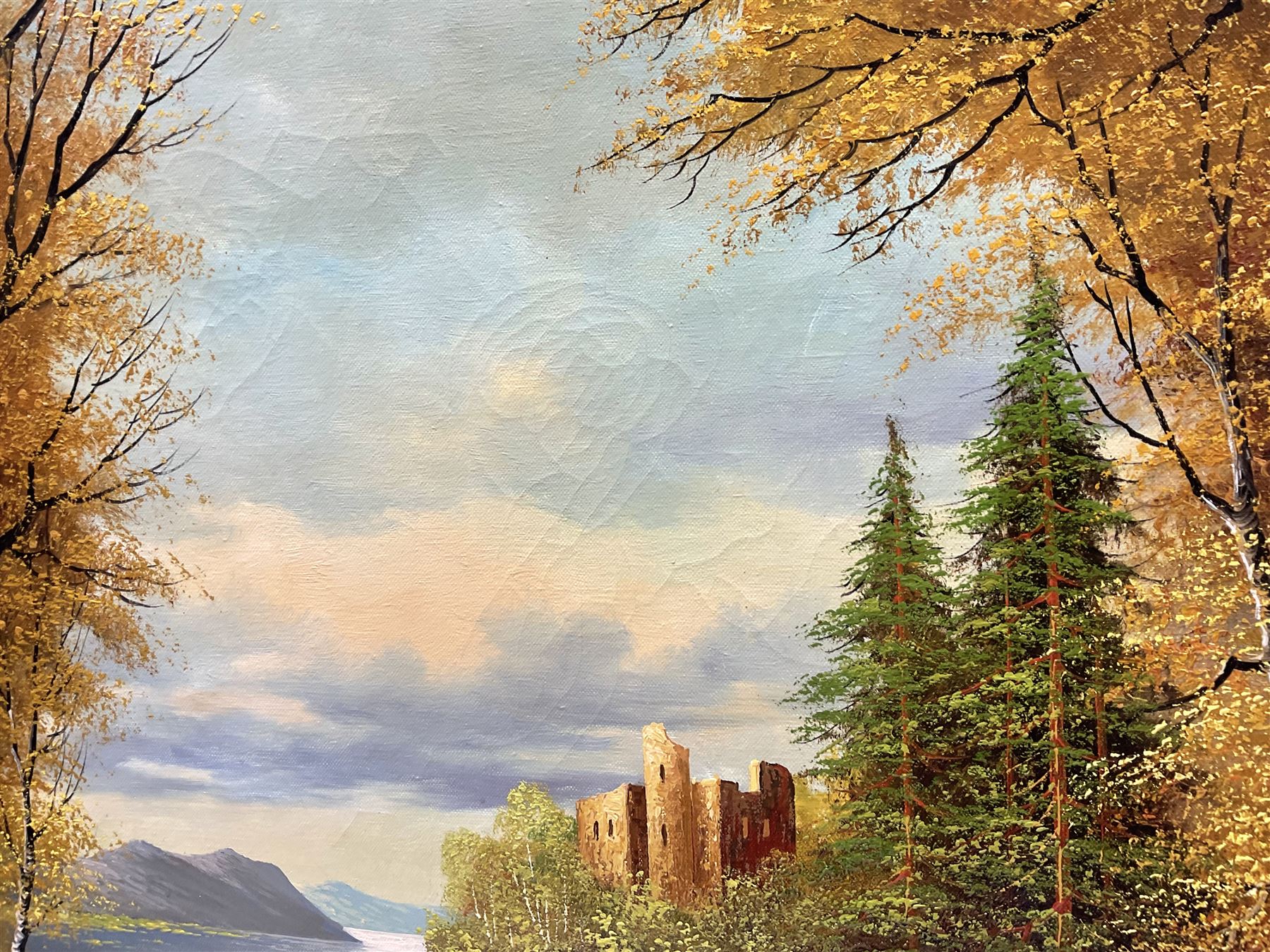 H Sanders (Continental 20th century): Castle in Highland River Landscape, oil on canvas signed 60cm x 91cm
