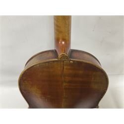 Full size violin and bow in a wooden constructed fitted case, back length 35cm, full length 60cm