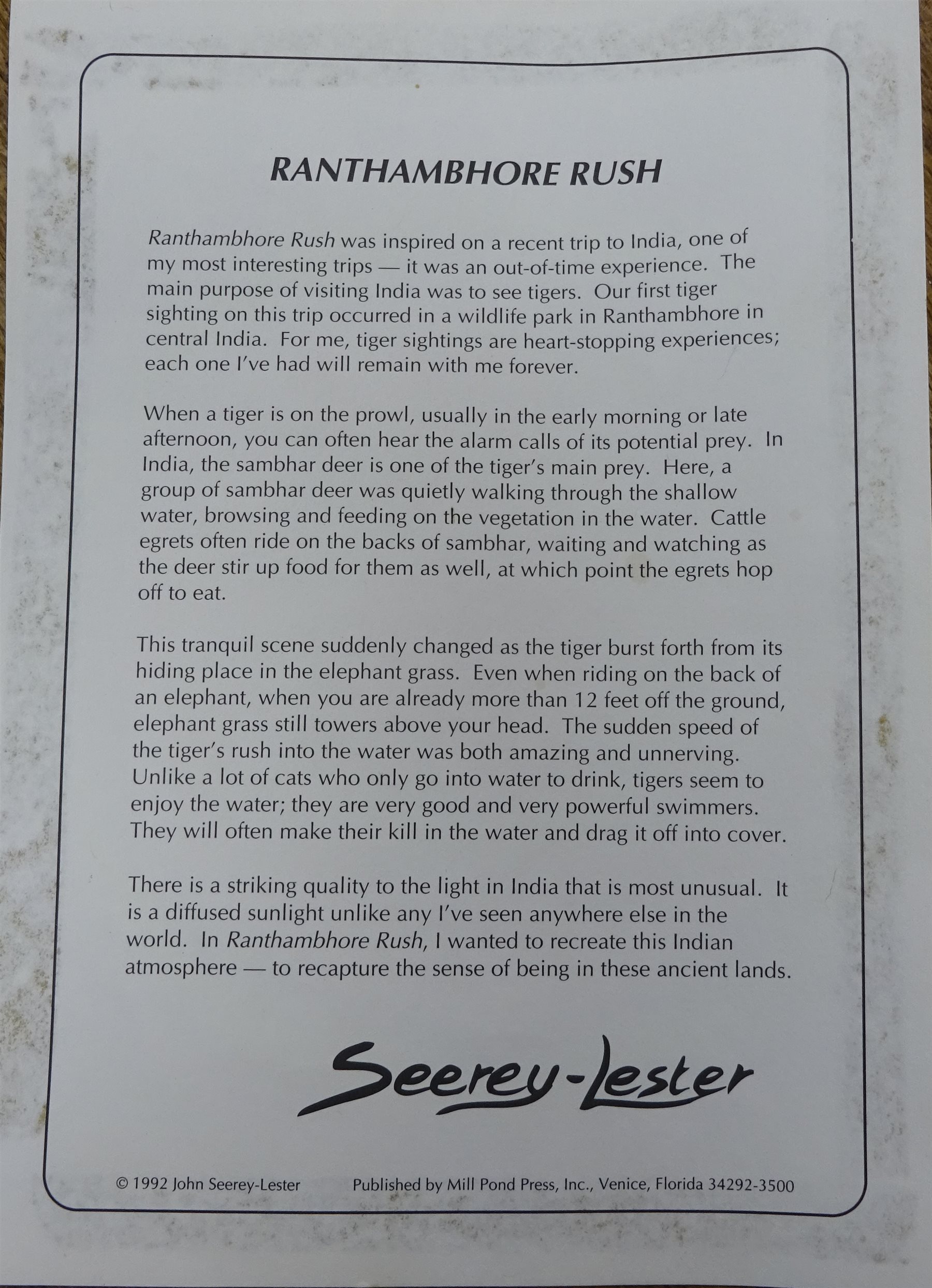 John Seery-Lester (British/American 1946-): 'Ranthambhore Rush', limited edition print No.215/950 pub. 1992 signed and numbered in pencil 58cm x 70cm