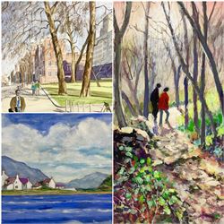 Leslie I Warburton (British 1917-2014): Cityscape with Figures and Lake District Landscape, watercolour and oil on board, respectively; Joan M Pook (British 1927-2011): Figures Walking Down Woodland Path, acrylic on board signed max 35cm x 46cm (3) (unframed)