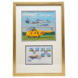 Keith Woodcock (British Contemporary): 'Gloster Meteor and Westfield Whirlwind', gouache signed for set of six stamps pub. Isle of Man Post office, framed together with the RAF First Day Covers 23cm x 26cm