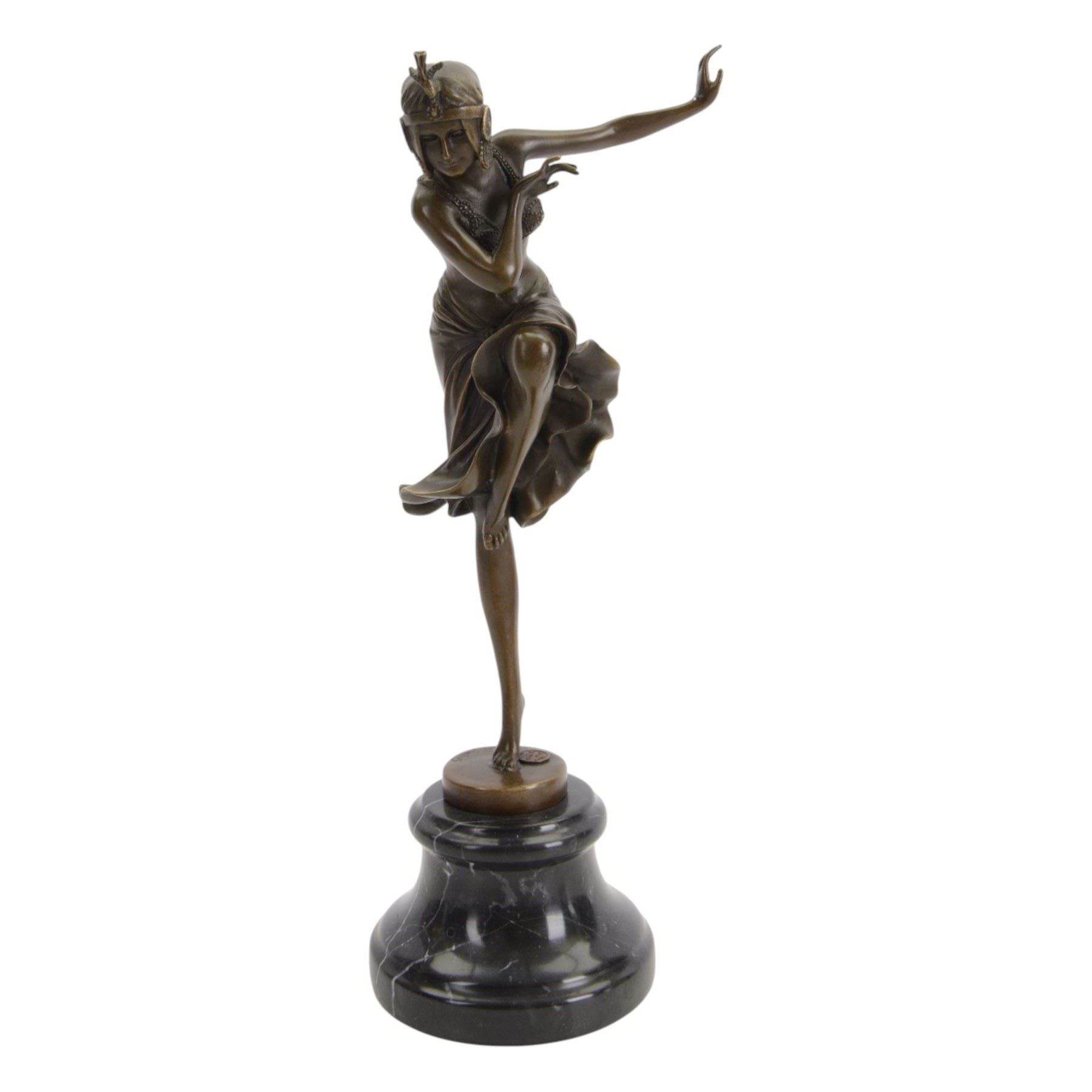 After Dimetri H Chiparus; Art Deco style bronze, modelled as a dancing flapper girl, upon black marble socle base, overall H40cm