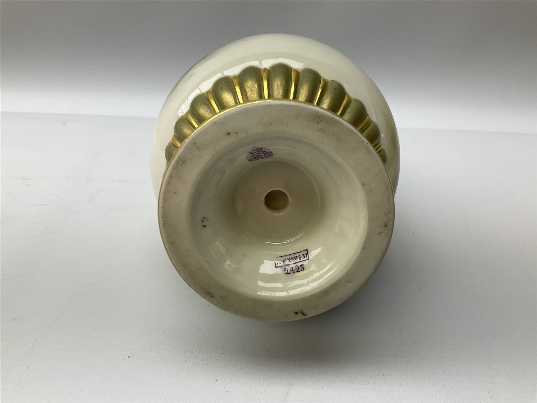 Early 20th century Royal Worcester vase decorated by Harry Davis, of ovoid form with twin acanthus mounted handles and waisted high neck supporting a domed cover, upon a circular foot, the body hand painted with sheep in a highland landscape, signed H Davis, with puce printed marks beneath including shape number 2425, and date code for 1907, H27.5cm