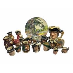 Quantity of Royal Doulton character and Toby jugs, to include Dick Whittington, Happy John, Falstaff, etc and others similar and a Royal Doulton plate no D.6309