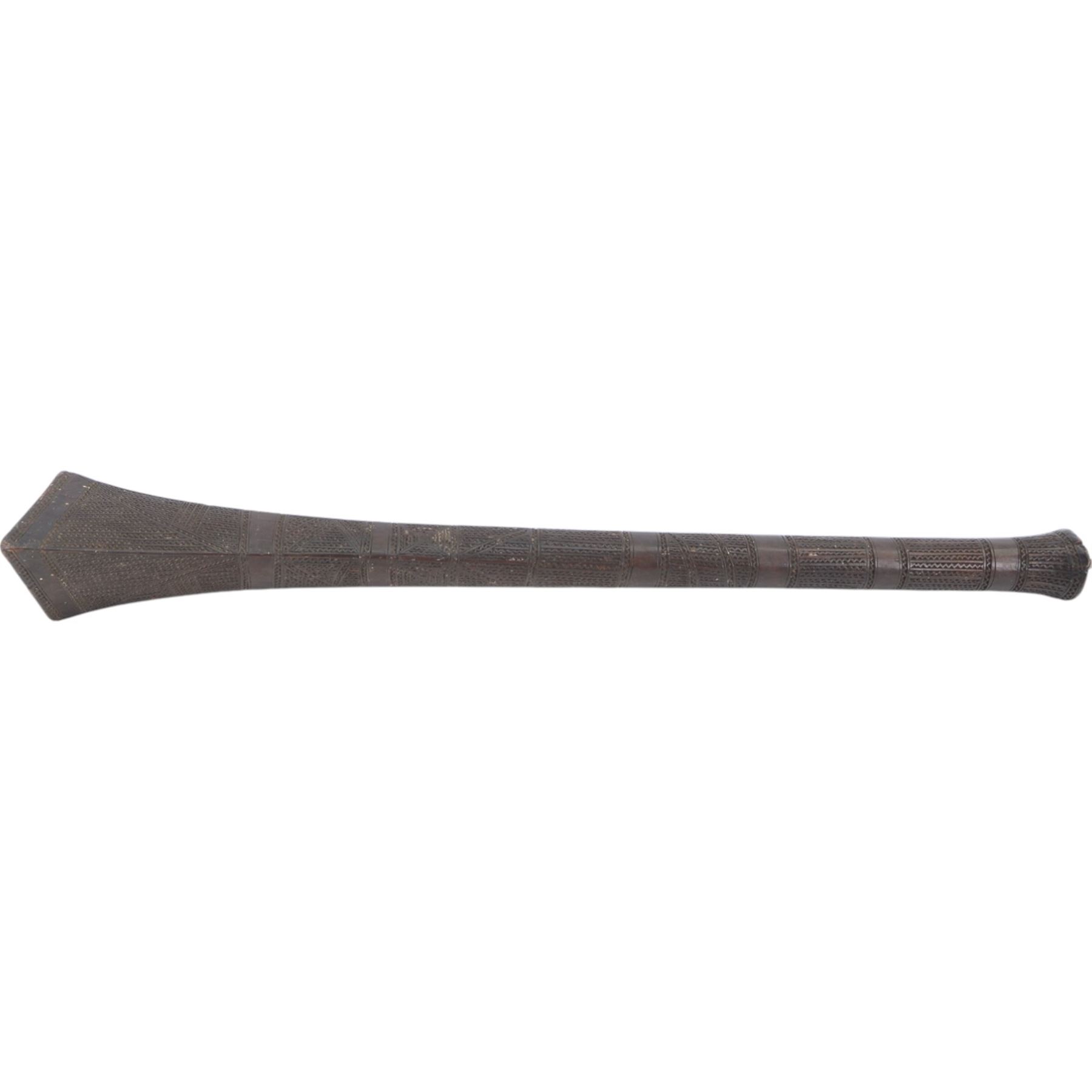 Polynesian war club, of dense hardwood, the tapering diamond shaped head carved with panels of geometric bands, L78cm