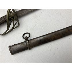 19th century Imperial German army heavy cavalry officers sword by Schnitzler and Kirschbaum, with 89cm single fullered steel blade and sheet steel basket hilt with teardrop cut-out and wire-bound leather grip L107.5cm overall; in steel scabbard with two suspension rings; and British Army 1822 Pattern Infantry Officer's sword in associated scabbard (2)