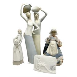 Three Lladro figures, compromising Underfoot in Gres no 2219, Two Women with Jugs in matt no 1014 and Girl with Lamb no 4584, together with a Lladro plaque, largest example H47cm 