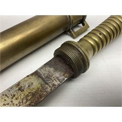 French Naval divers brass handled knife, the 20.5cm single edged steel blade held in place with wooden wedges, tapering ribbed grip with domed pommel and original screw-on scabbard with drain hole L38cm overall