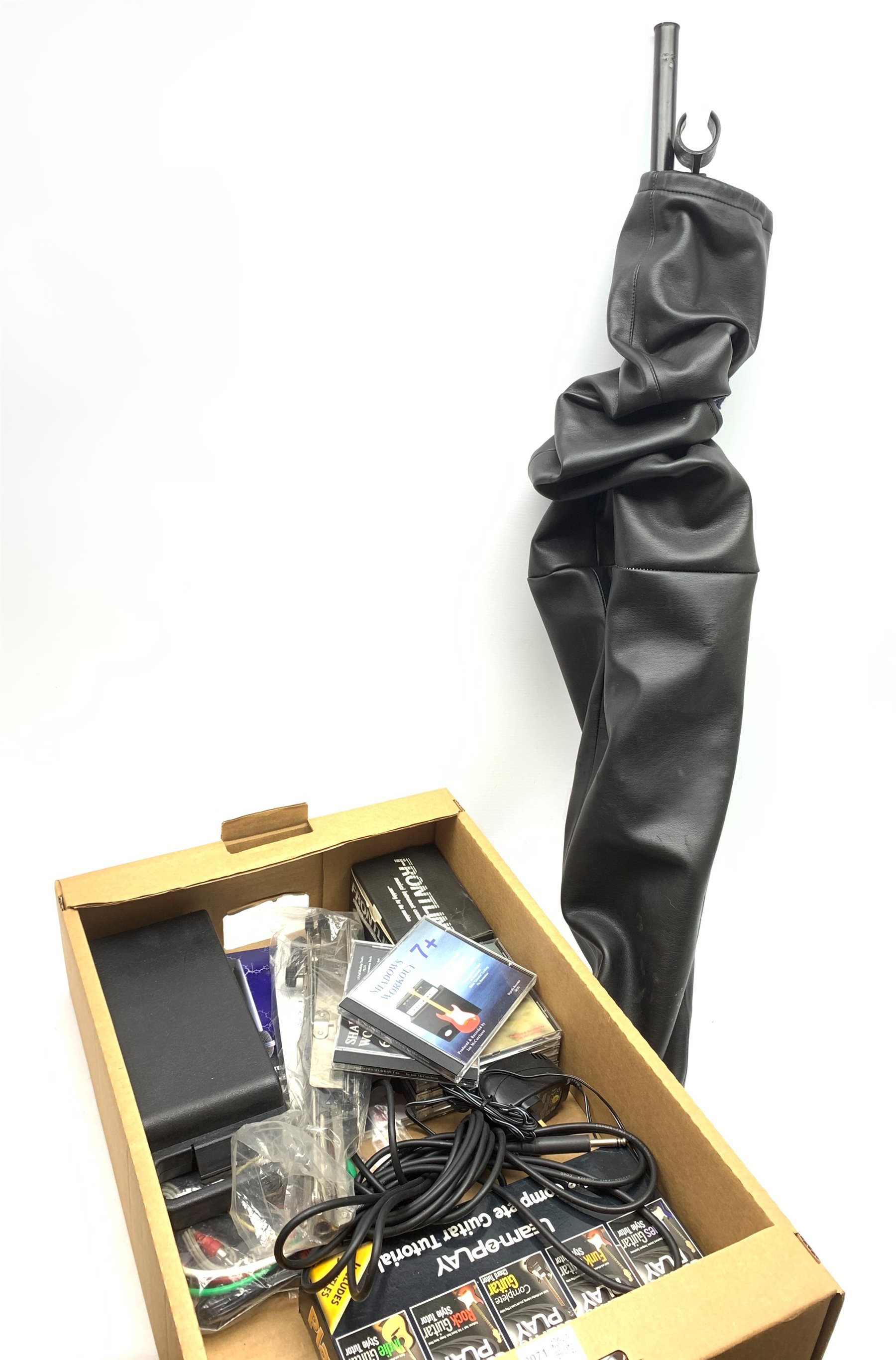  Stagg MD-1500 Pro Stage Dynamic Microphone in case with lead and folding stand with cover, as new music stand, Frontline Overdrive pedal and power supply, guitar lead and jack plug leads, Learn Guitar Course and seven Ian McCutcheon Shadows Workout CDs with another by Chick Holland  