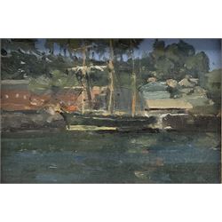 Circle of Henry Scott Tuke (British 1858-1929): Three Masted Boat by the Quayside, oil on panel unsigned, James Bourlet & Son framer's label verso 16cm x 24cm