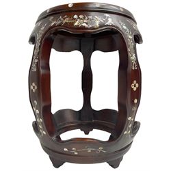 Chinese hardwood stand, inlaid with mother of pearl depicting birds, trees and flowers