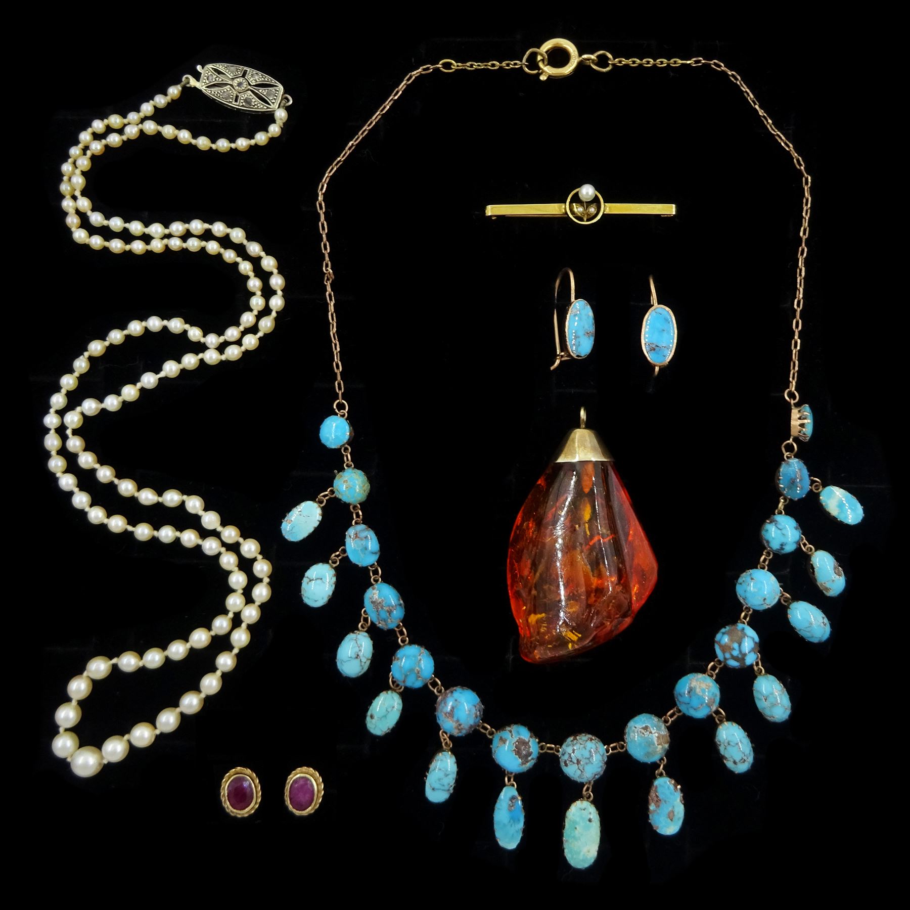 Early 20th century and later 9ct gold jewellery including pair of ruby stud earring, amber pendant, single strand pearl necklace, with diamond clasp, pair, pearl brooch and a pair of turquoise earrings and a git turquoise fridge necklace