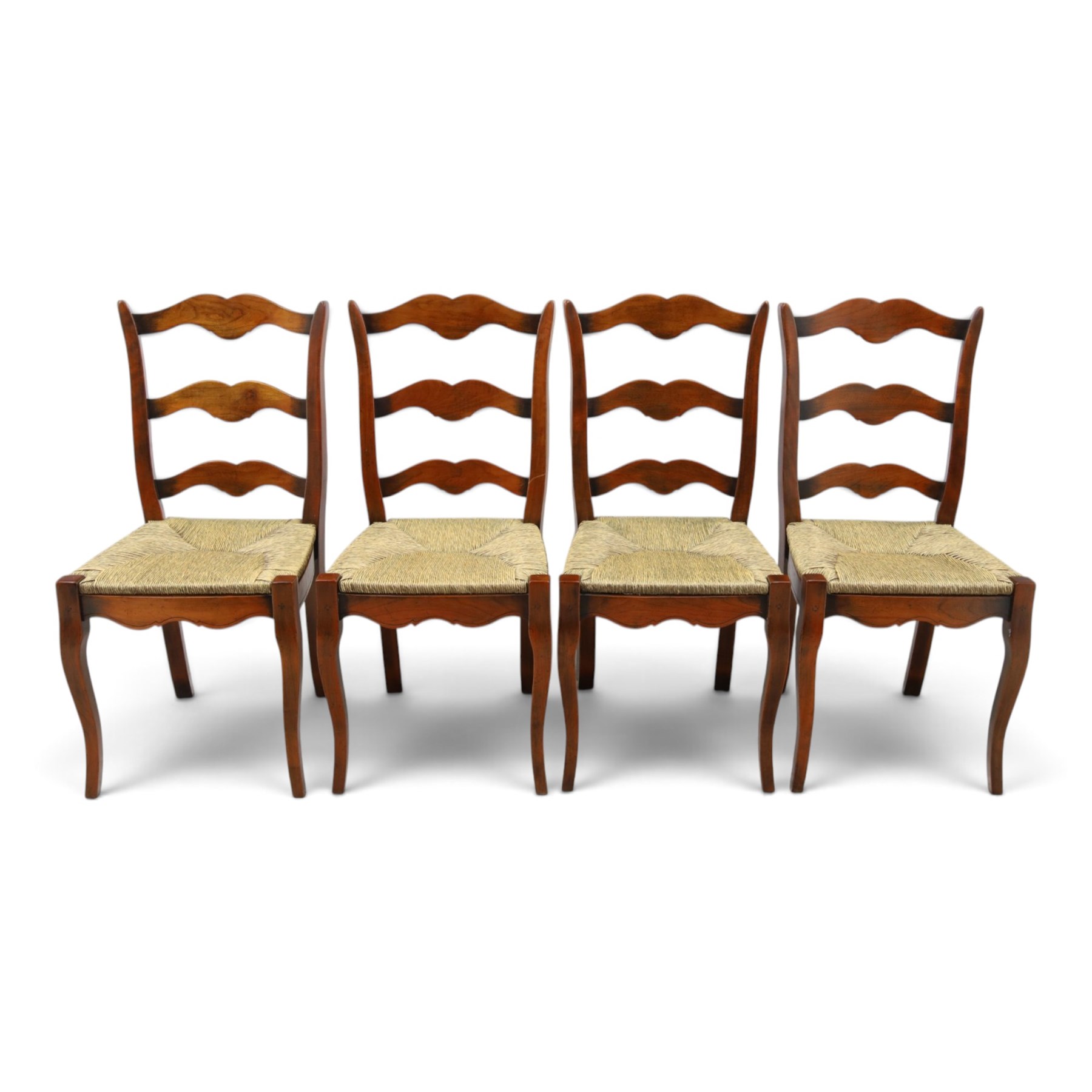 French cherry wood extending dining table, rectangular top on square chamfered supports with two additional leaves; with Batheaston - set of eight cherry wood waived ladder back dining chairs with rush seats (W46cm H98cm)