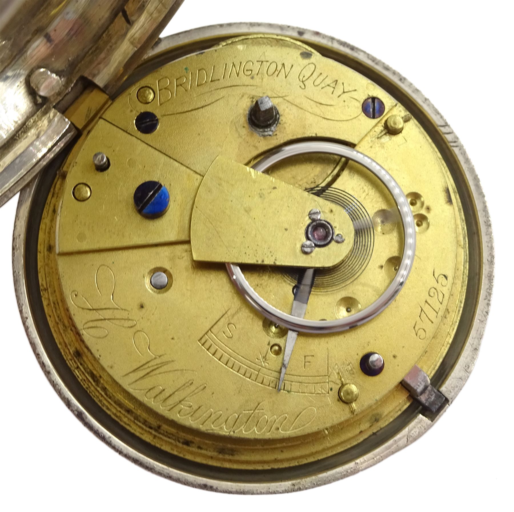 Victorian silver pair cased key wound fusee lever pocket watch by H. Walkington, Bridlington Quay, No. 57125, white enamel dial with Roman numerals and subsidiary seconds dial, case by Charles Harris, Birmingham 1895, on white metal chain