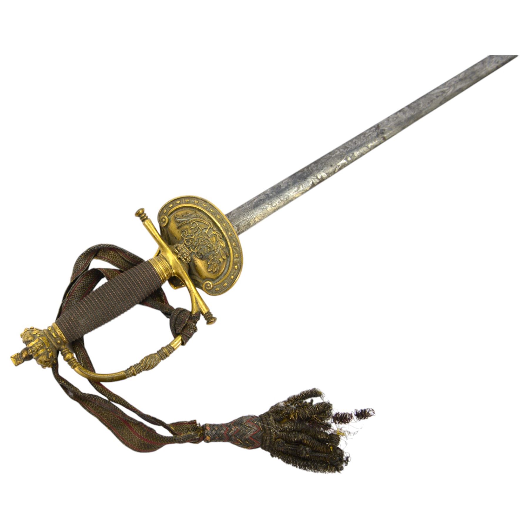 William IV court sword, the 79cm blade finely etched with scrolling motifs, with crown pommel, wire bound grip, gilt shell guard and crowned cypher, with damaged scabbard, L92cm