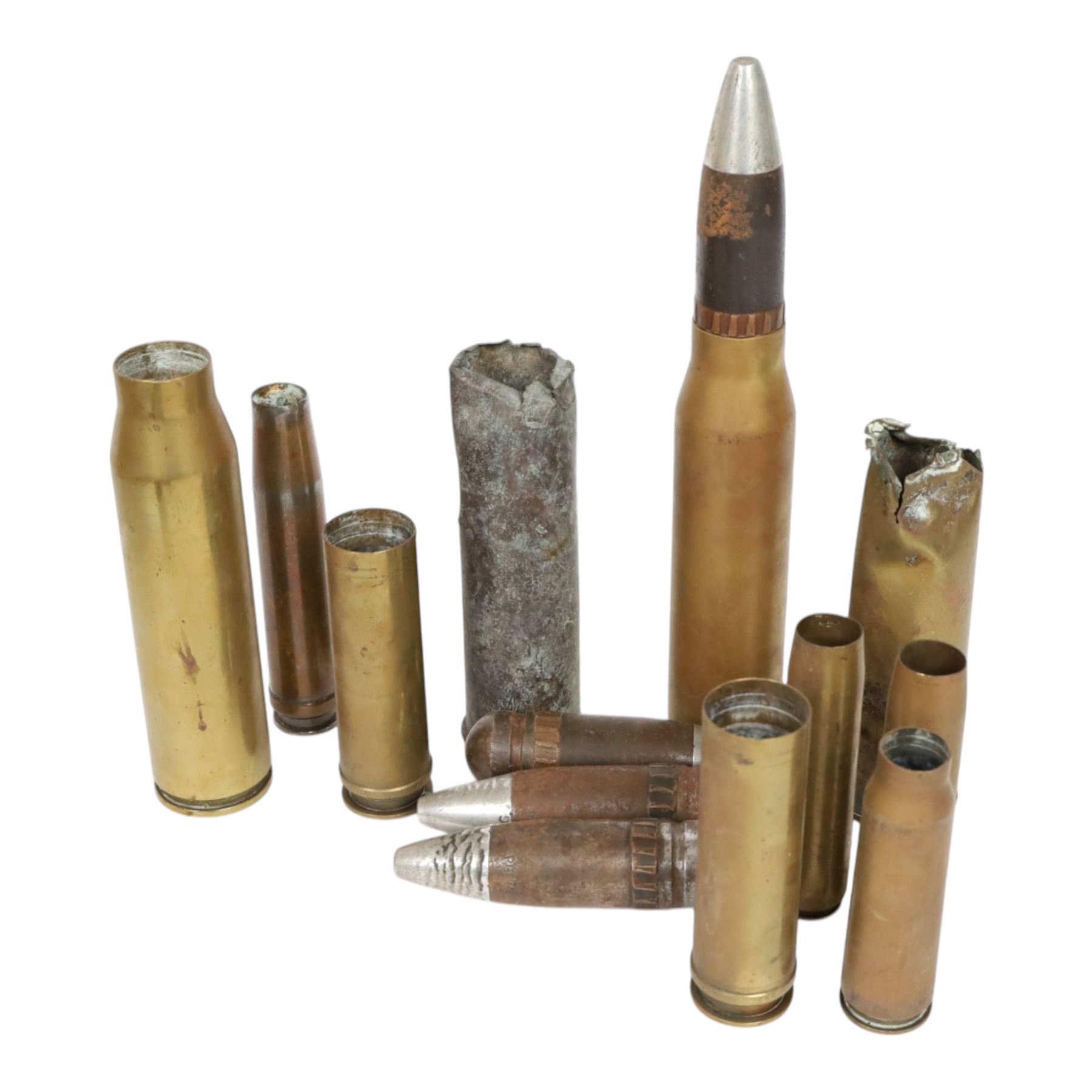 Collection of inert shells and cases, including 30mm Raden shell, L2A2 ammunition in clips etc 
