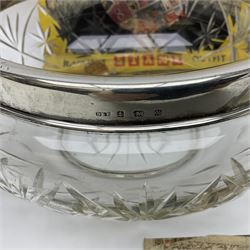 Glass bowl with hallmarked silver rim, various postcards, Queen Elizabeth II East African Currency Board ten shillings banknote, various Japanese Government banknotes, World stamps etc