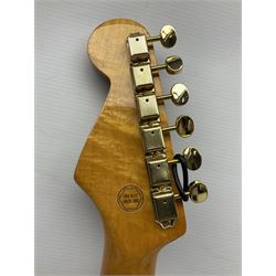 Fender Stratocaster style electric guitar in metallic blue with Rio Grande pick-ups and Fender back-plate L98cm; in Fender soft carrying case