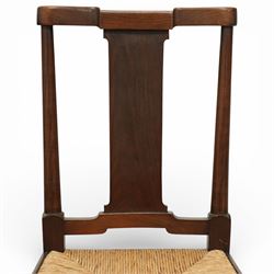 Pair of Morris & Co ‘Hampton’ design chair attributed to H. Howes, the shaped rectangular back with central splat over a rushed seat, on turned supports united by stretchers