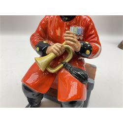 Three Royal Doulton figures comprising Past Glory HN2484, The Guardsman by William K Harper HN2784 and Drummer Boy HN2679, tallest H25cm