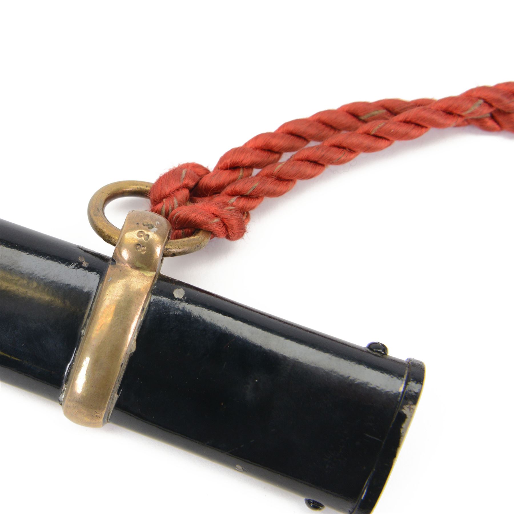 Prussian cavalry officer's sword, with 79cm etched curved blade double-edged towards the point, crossed swords insignia to langet, stirrup knuckle bow, wirebound black grip and lion's head pommel with inset ruby eyes and lion head to the quillon, in black painted steel scabbard with single suspension ring, overall L97cm