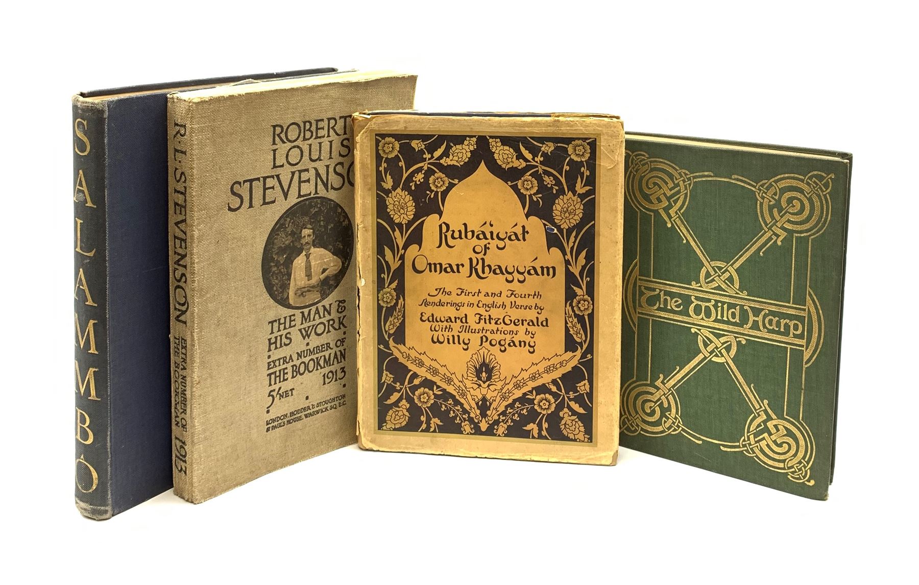 Rubaiyat of Omar Khayyam. The First and Fourth Renderings in English Verse by Edward Fitzgerald with Illustrations by Willy Pogany, with dustjacket; The Wild Harp. A Selection from Irish Poetry by Katharine Tynan with Decorations by C.M. Watts. 1908. Arts & Crafts Celtic style binding, title page and page margins; Flaubert Gustav: Salammbo. Mandrake Press Ltd.; and Robert Louis Stevenson. A Bookman Extra Number 1913 (4)